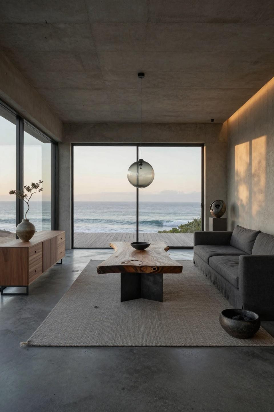 Luxury center table design with blackened steel and Douglas fir live-edge in Malibu beach house loft conversion
