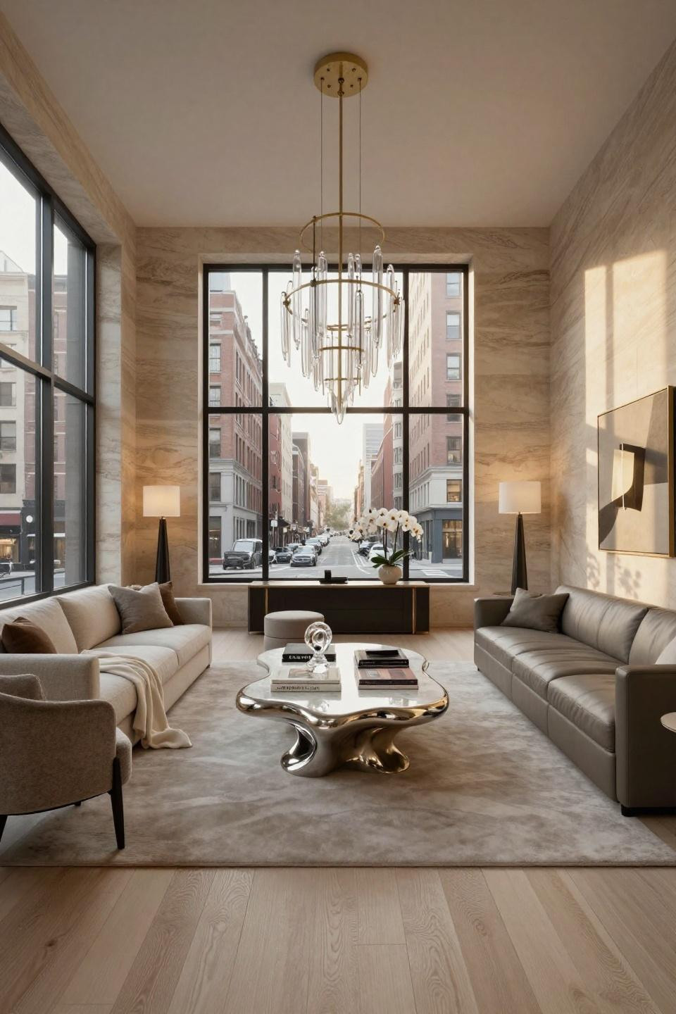 Modern centre table design unique with polished nickel and Thassos marble in Manhattan loft with cast iron columns