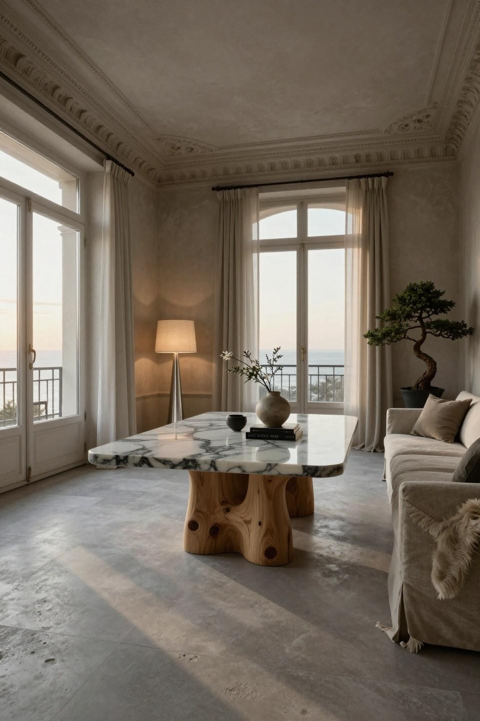Centre table design luxury with bleached ash wood and Calacatta-inspired porcelain in Haussmann apartment reimagined