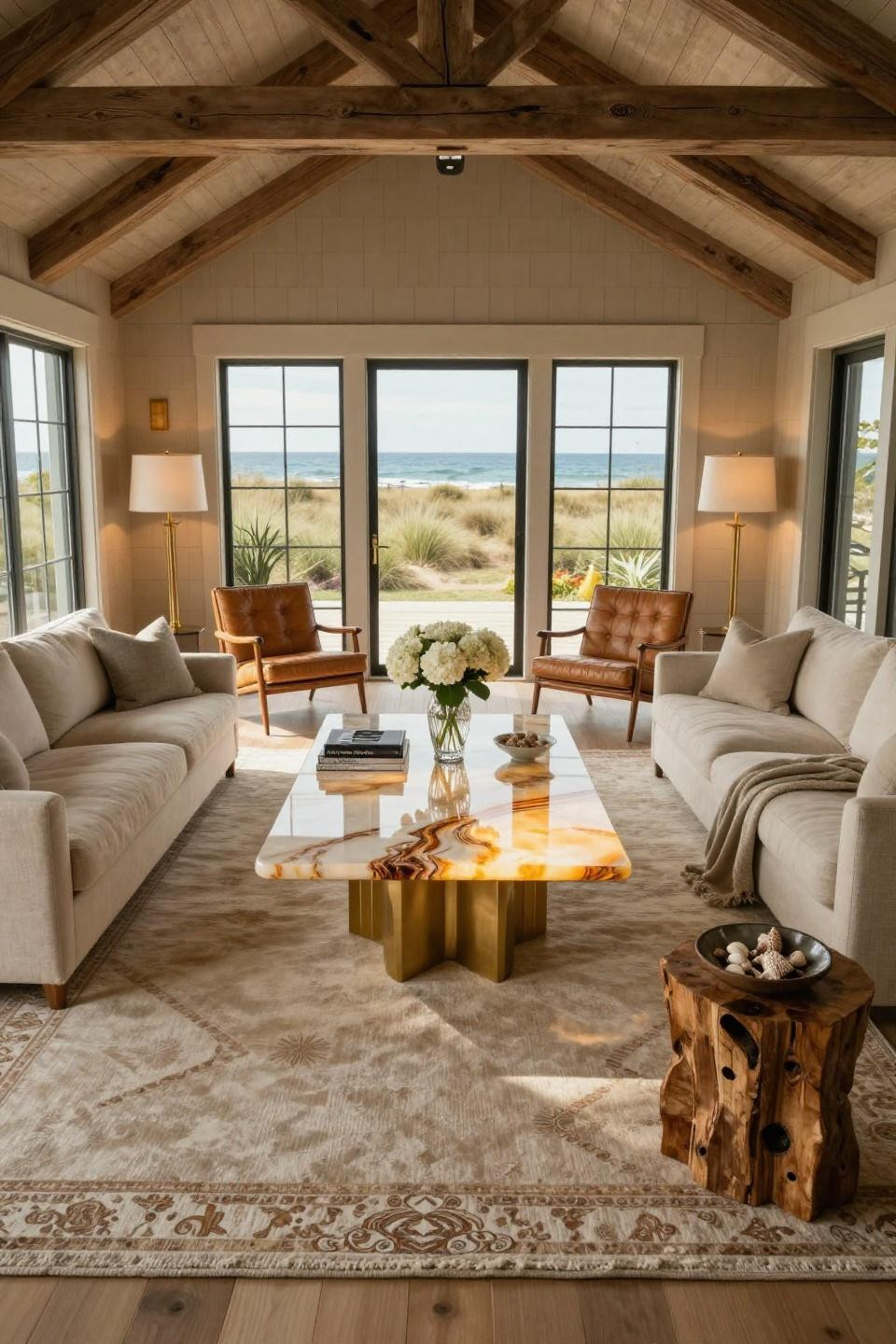 Center table living room wooden modern design with backlit honey onyx and Art Deco gold base in Amagansett beach house