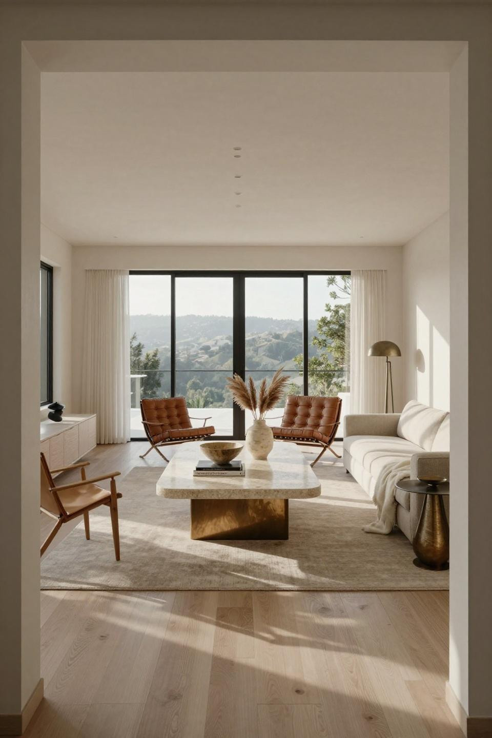 Living room inspiration featuring travertine centre table with brushed bronze inlay in Beverly Hills mid-century villa