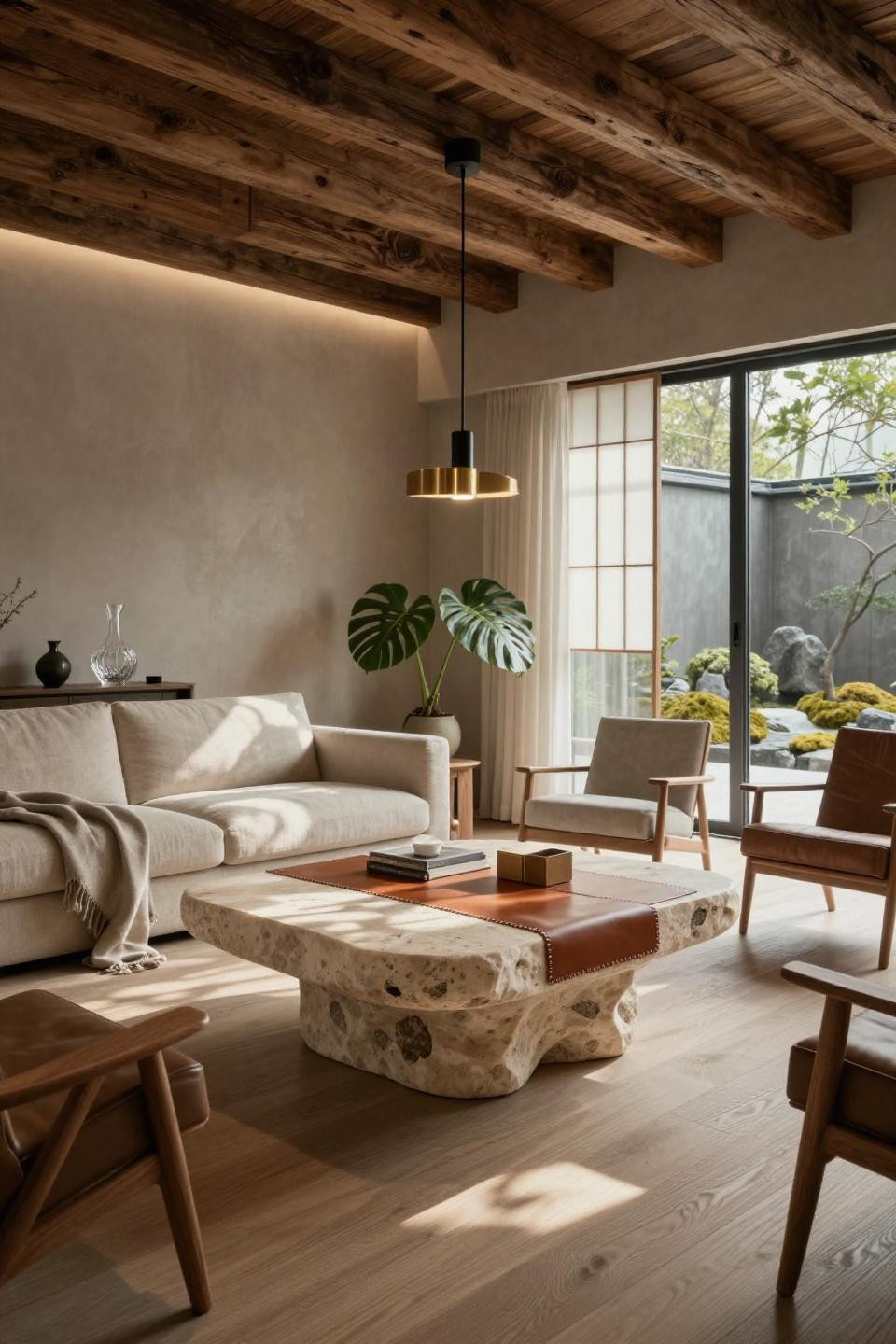 Coffee table design modern luxury with hand-carved Jerusalem limestone and saddle leather inlay in Omotesando townhouse