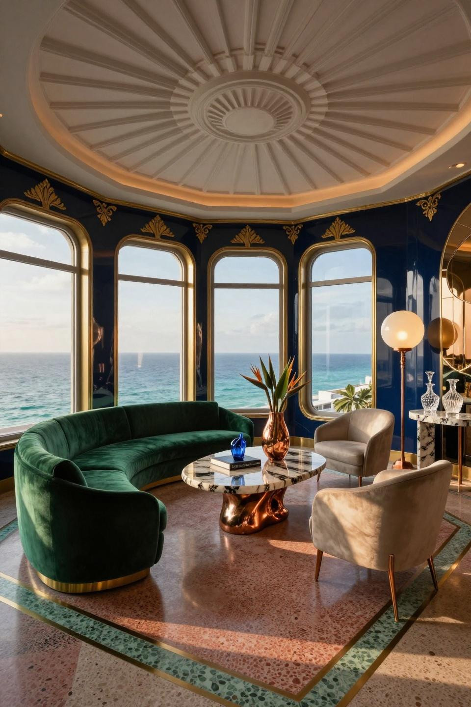 Classy bedroom aesthetic translated to living room with Fusion quartzite copper-veined centre table in Miami penthouse