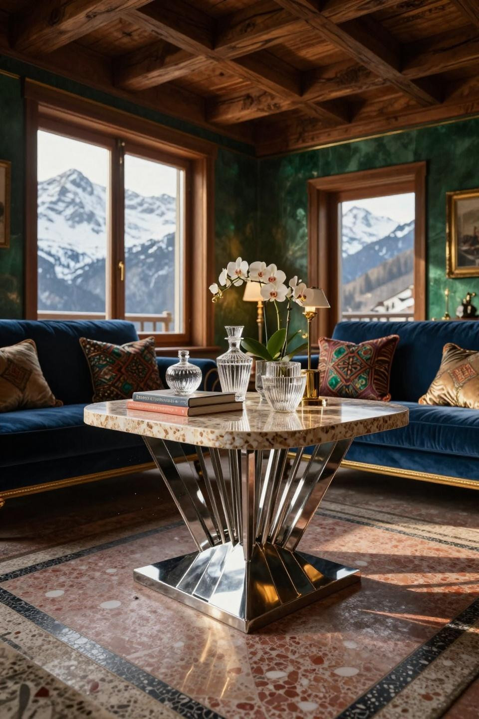 Modern centre table design living rooms featuring terrazzo and chrome in Swiss Alpine chalet with Art Deco elements