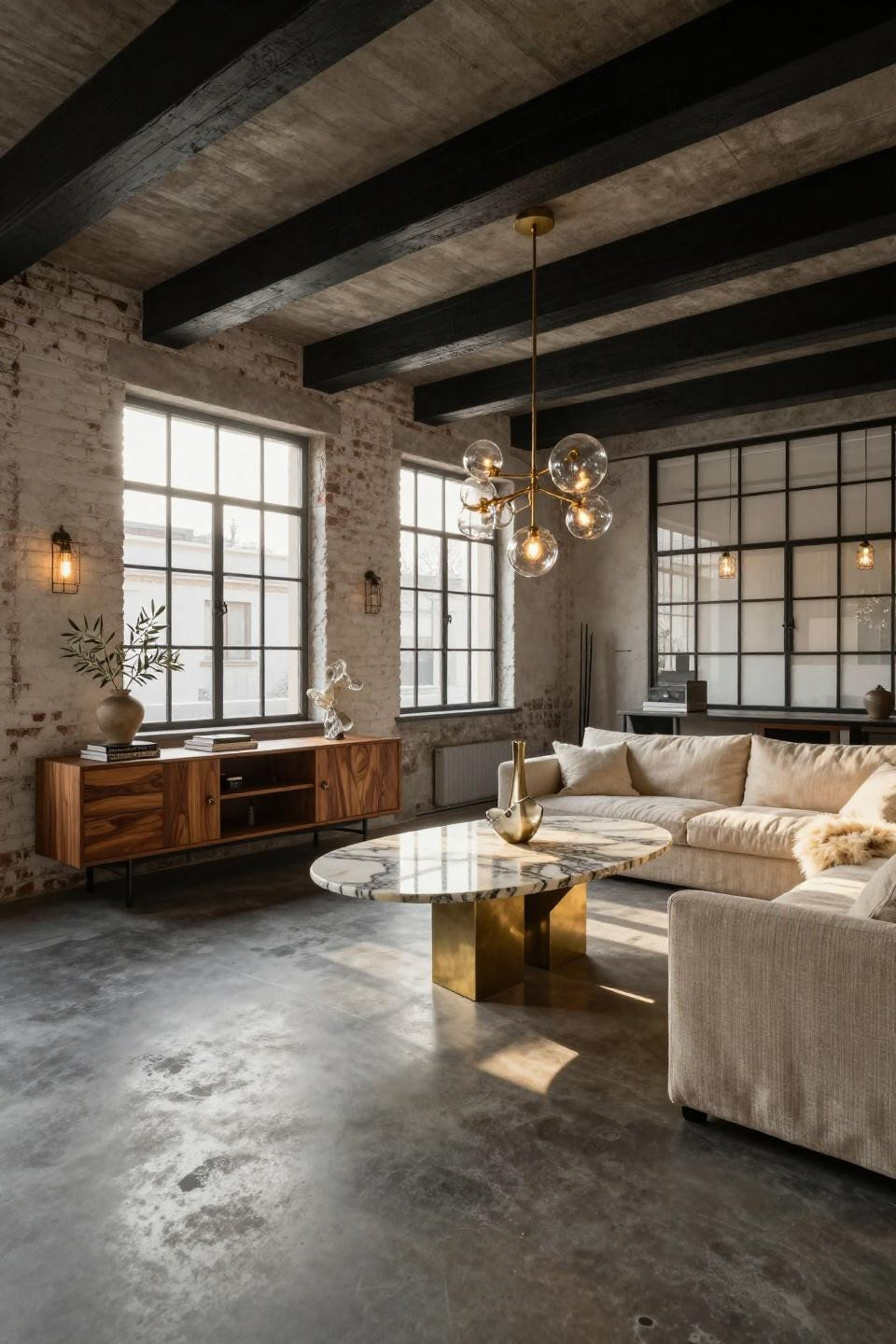 Centre table living room modern luxury furniture with Calacatta Gold marble and brushed brass geometric base in Milanese loft