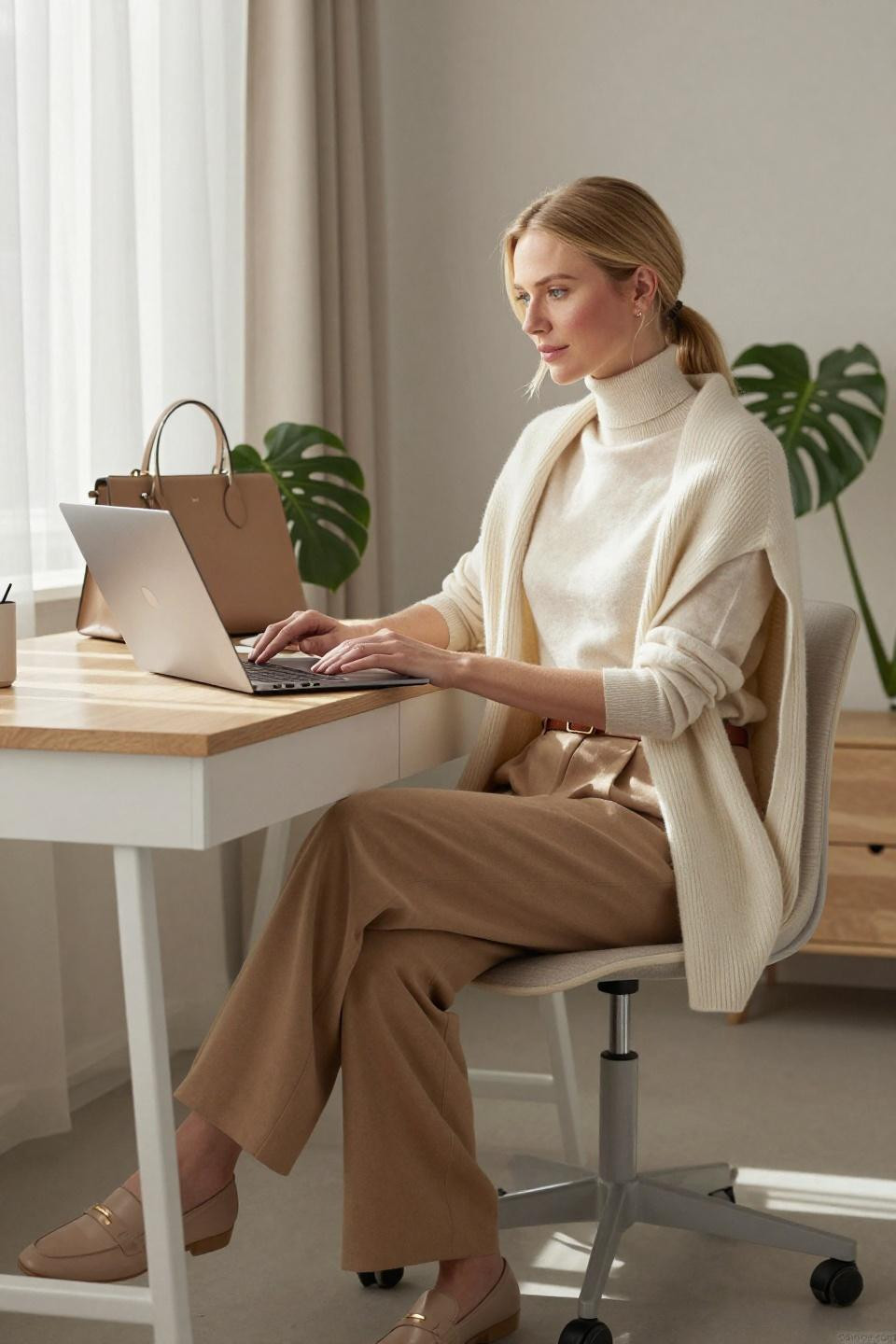 lazy work outfit cream turtleneck camel trousers professional styling