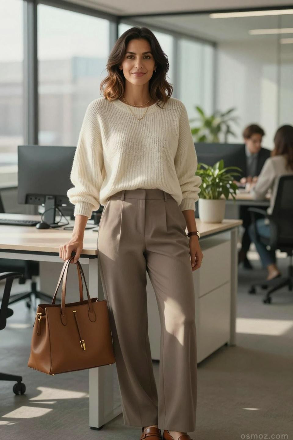 cozy office outfit cream knit sweater taupe trousers professional styling