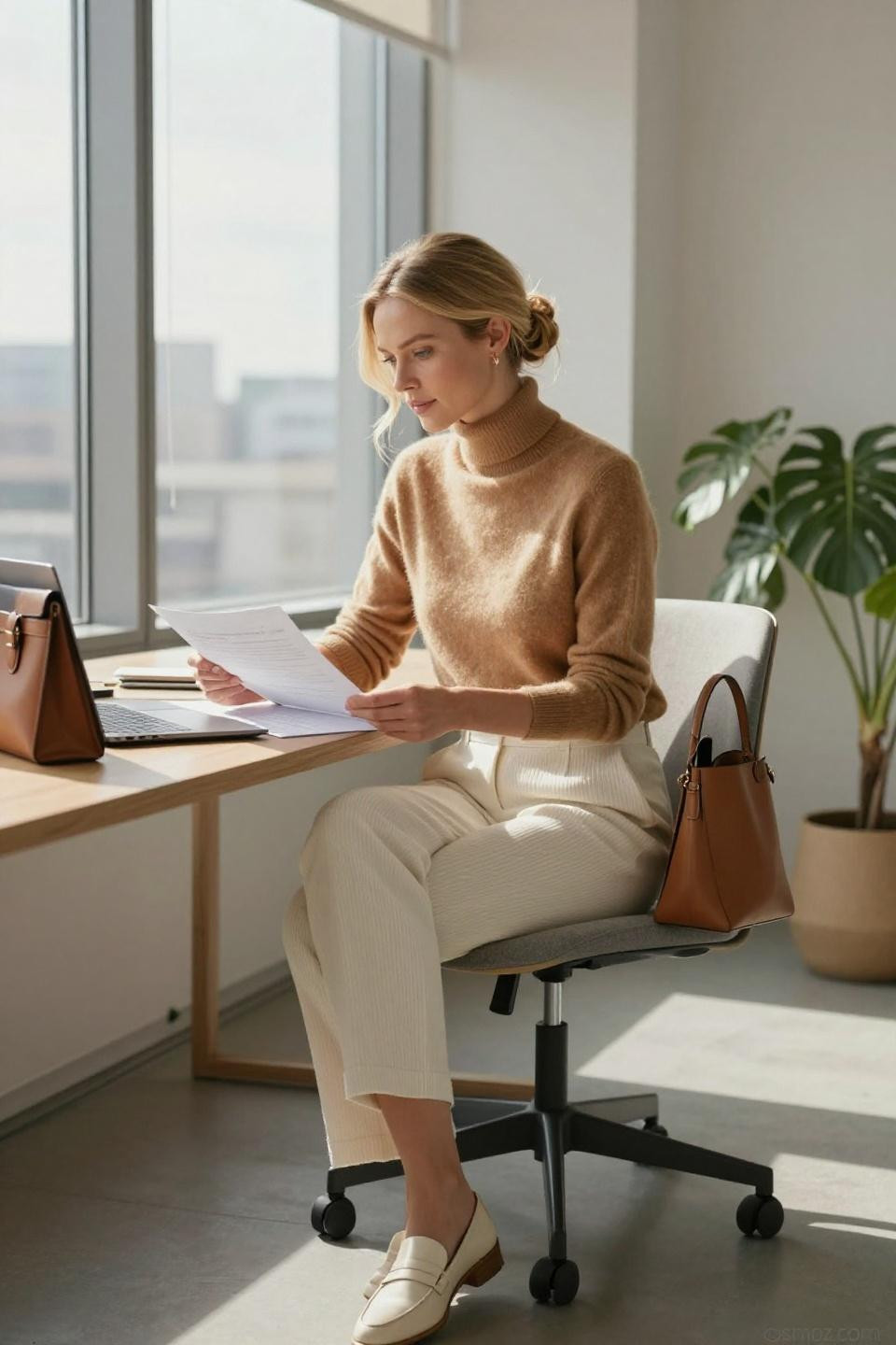 relaxed work outfit camel turtleneck cream trousers professional styling