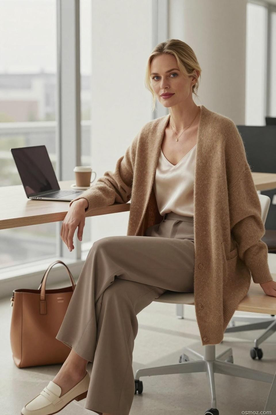 comfy corporate outfits camel cardigan cream camisole professional styling