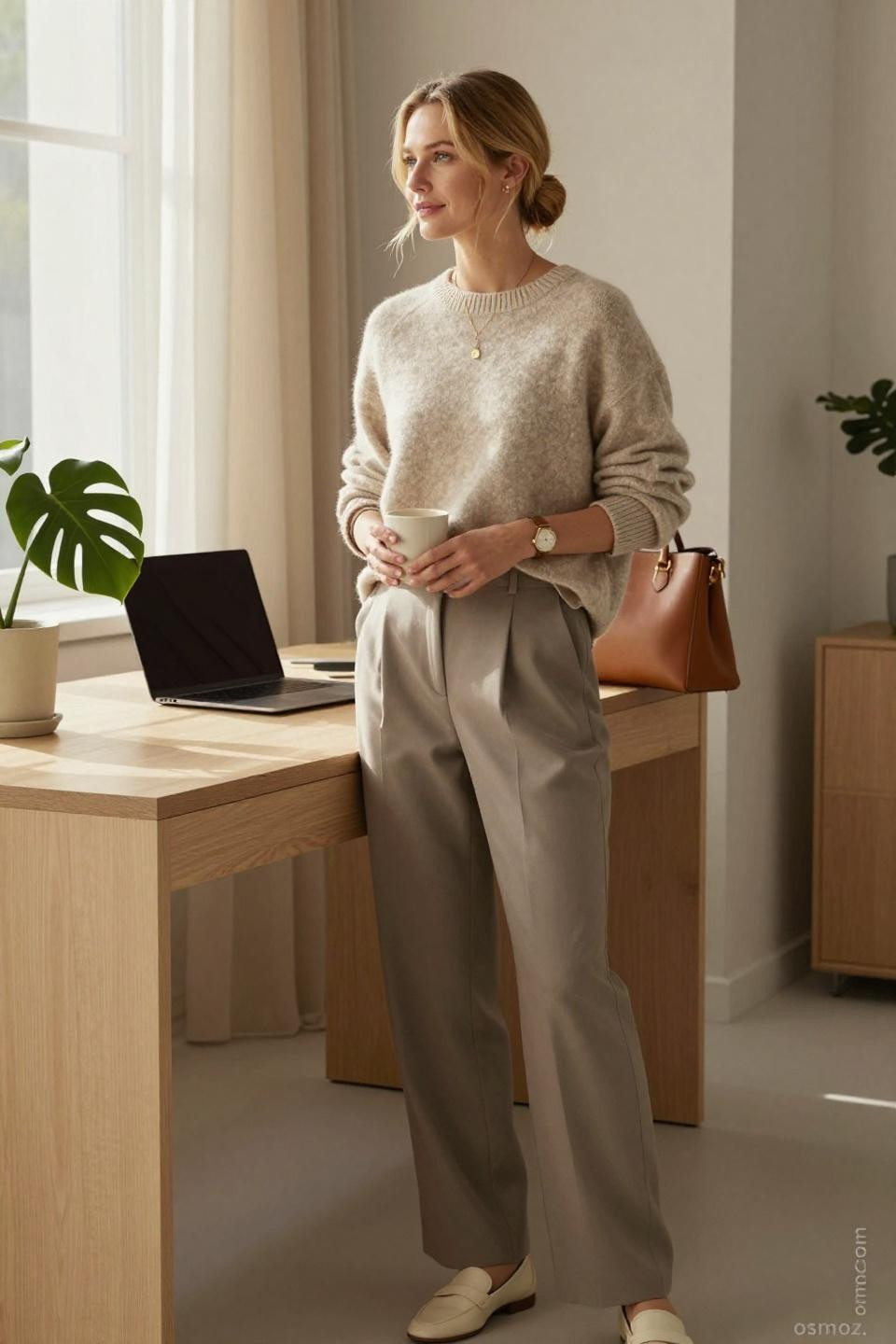 cozy work outfit oatmeal cashmere taupe trousers professional styling