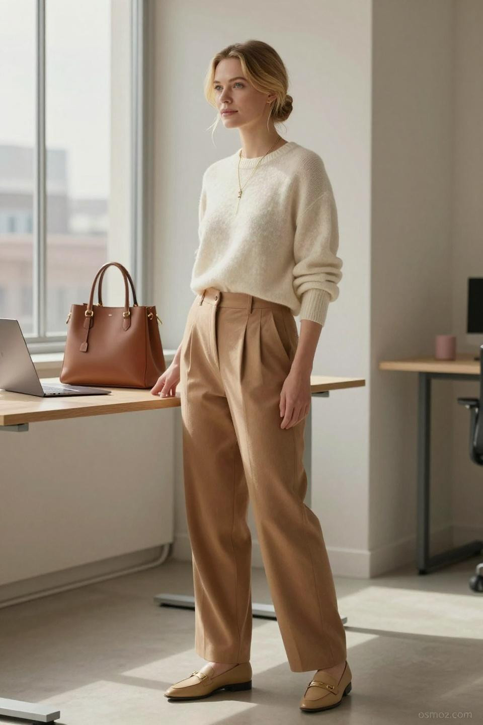 chill office outfits cream sweater camel trousers professional styling