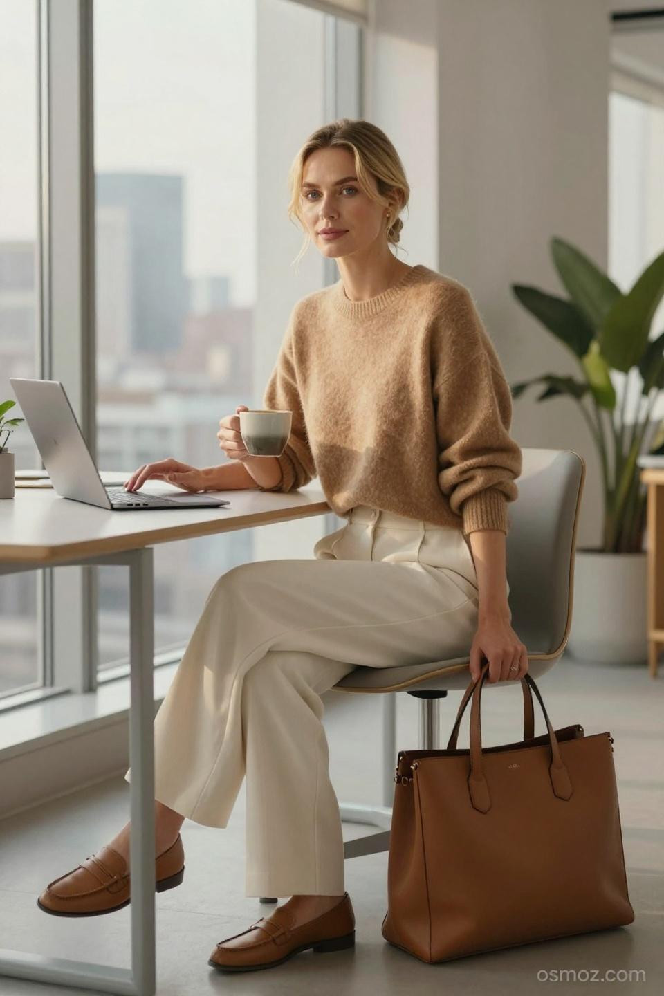 chill work outfit casual camel cashmere cream trousers styling