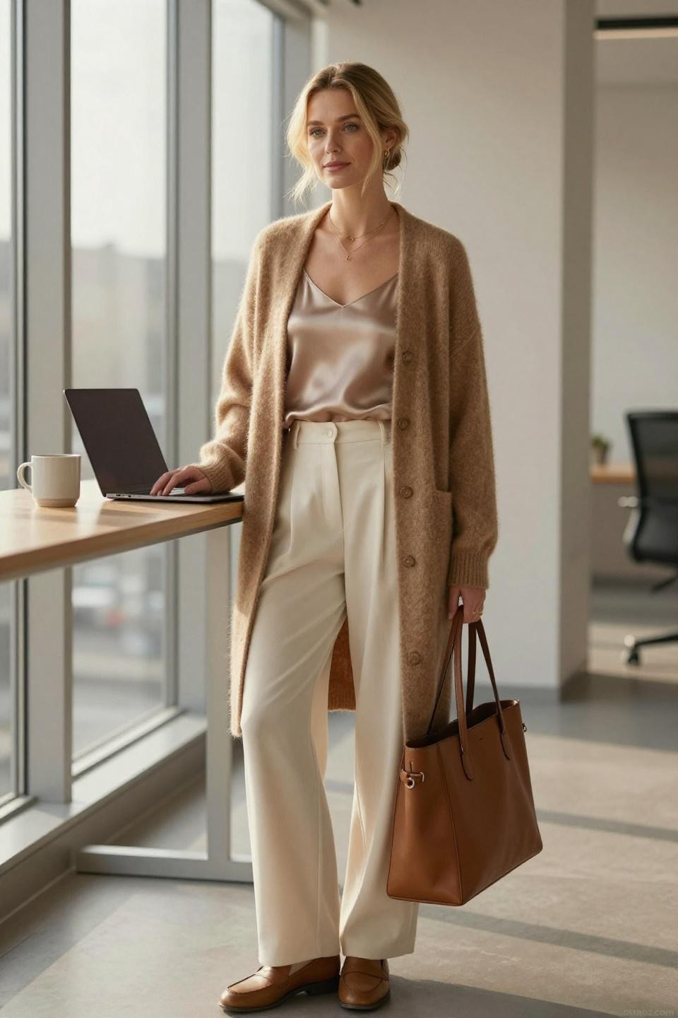 lazy office outfit camel cardigan cream trousers professional styling