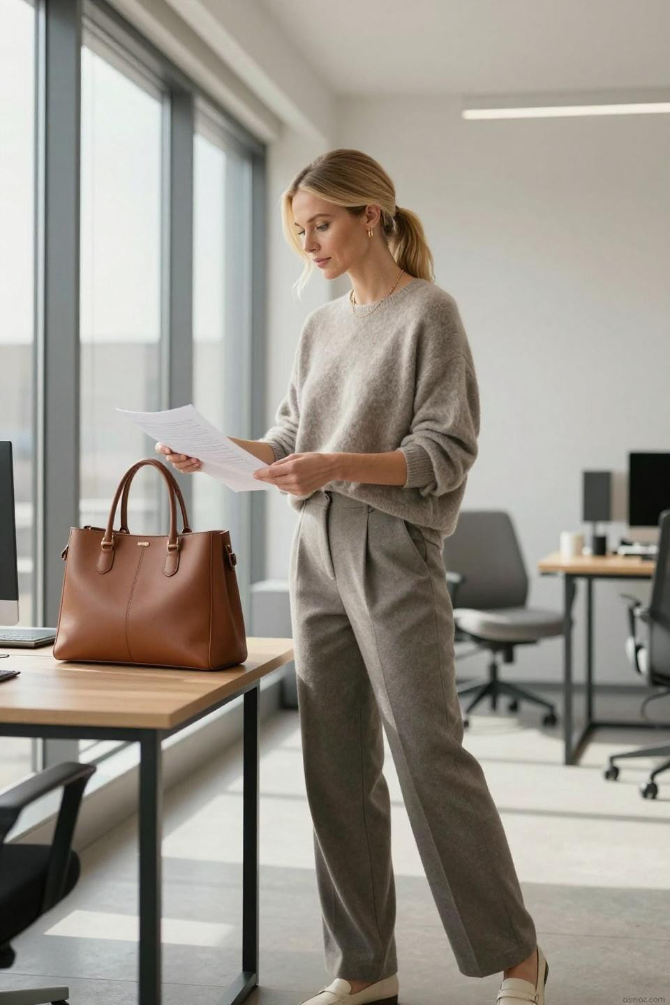 lazy work outfit office taupe sweater grey trousers professional styling