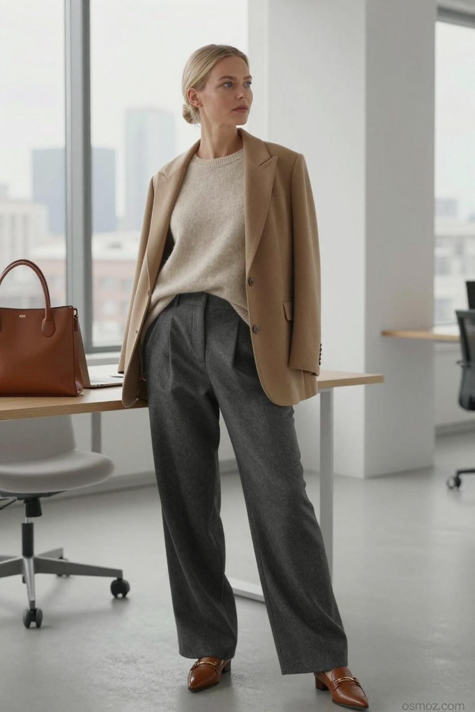 lazy work outfit oatmeal sweater charcoal trousers professional styling