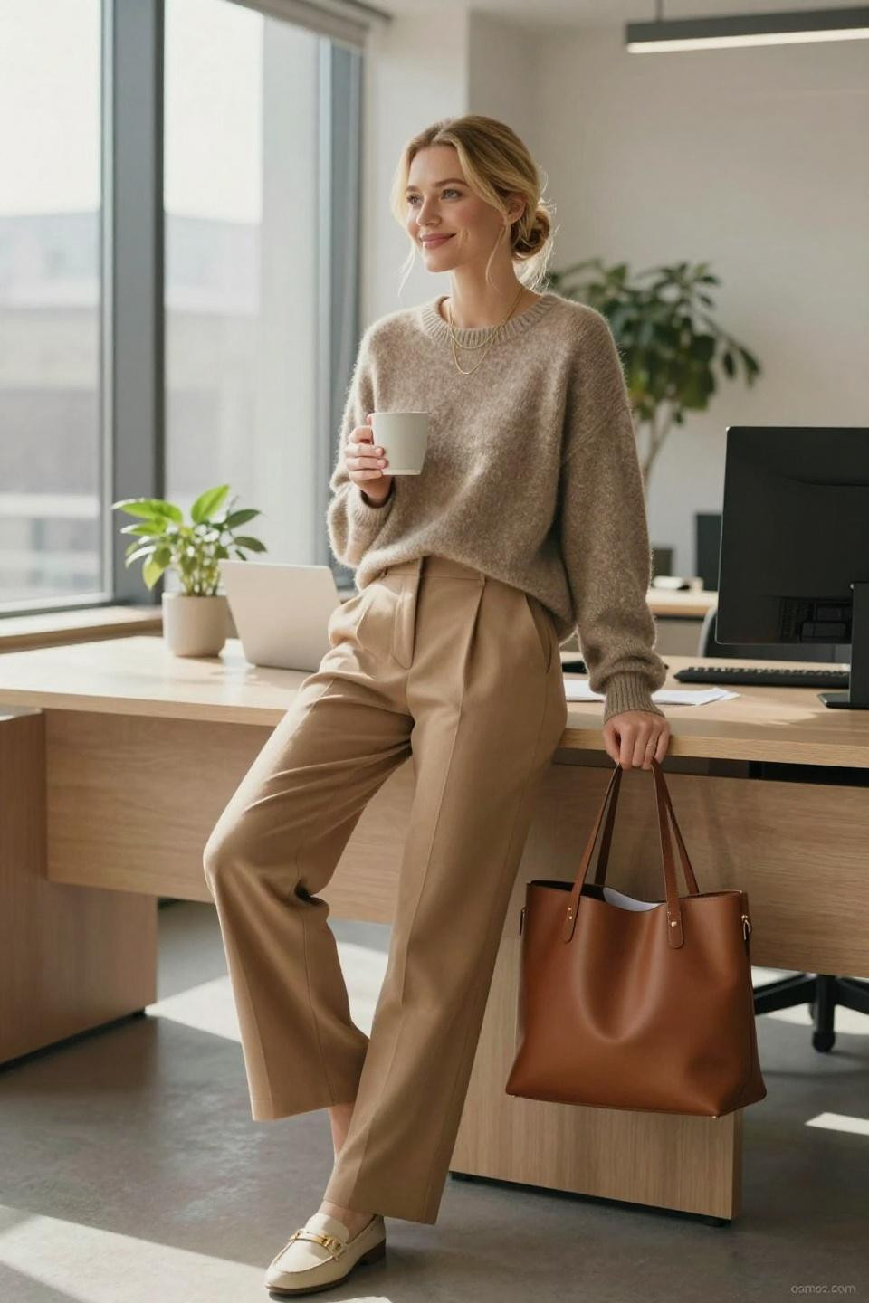 cozy office outfit oatmeal cashmere camel trousers professional styling