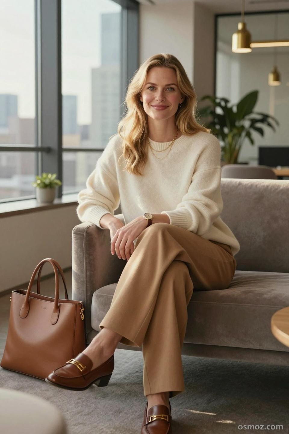 relaxed work outfit cream sweater camel wide leg trousers styling