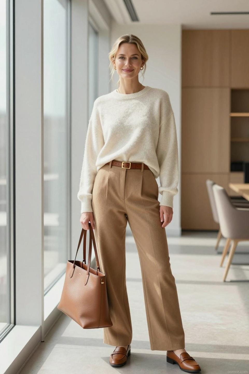 cozy work outfit cream cashmere neutral palette professional styling