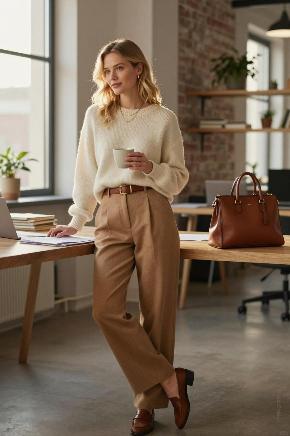 chill office outfits cream cashmere sweater camel trousers styling