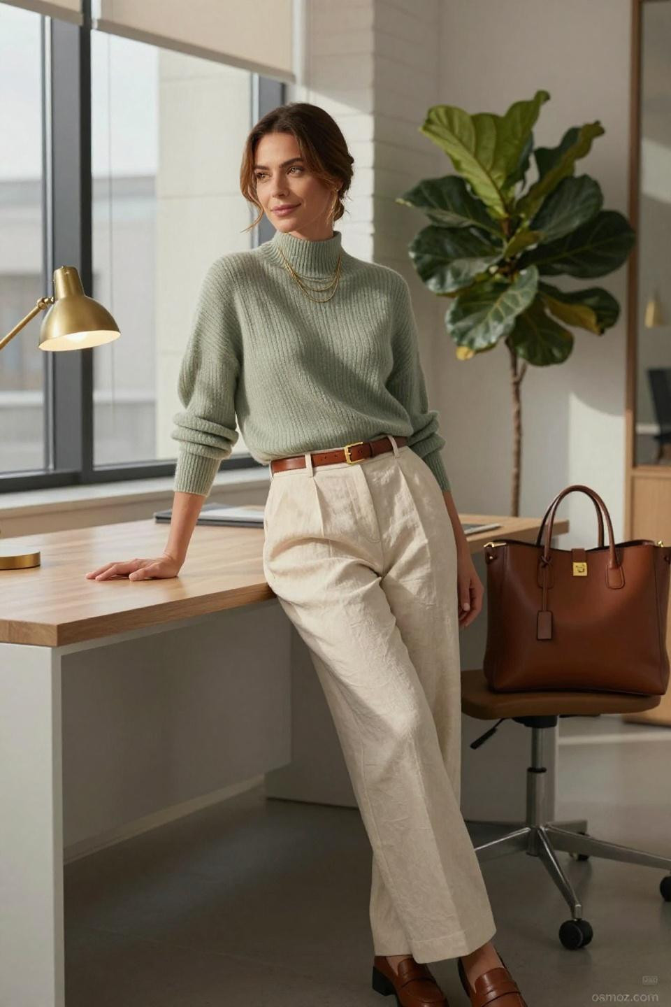 chill work outfit casual sage mock neck sweater professional styling