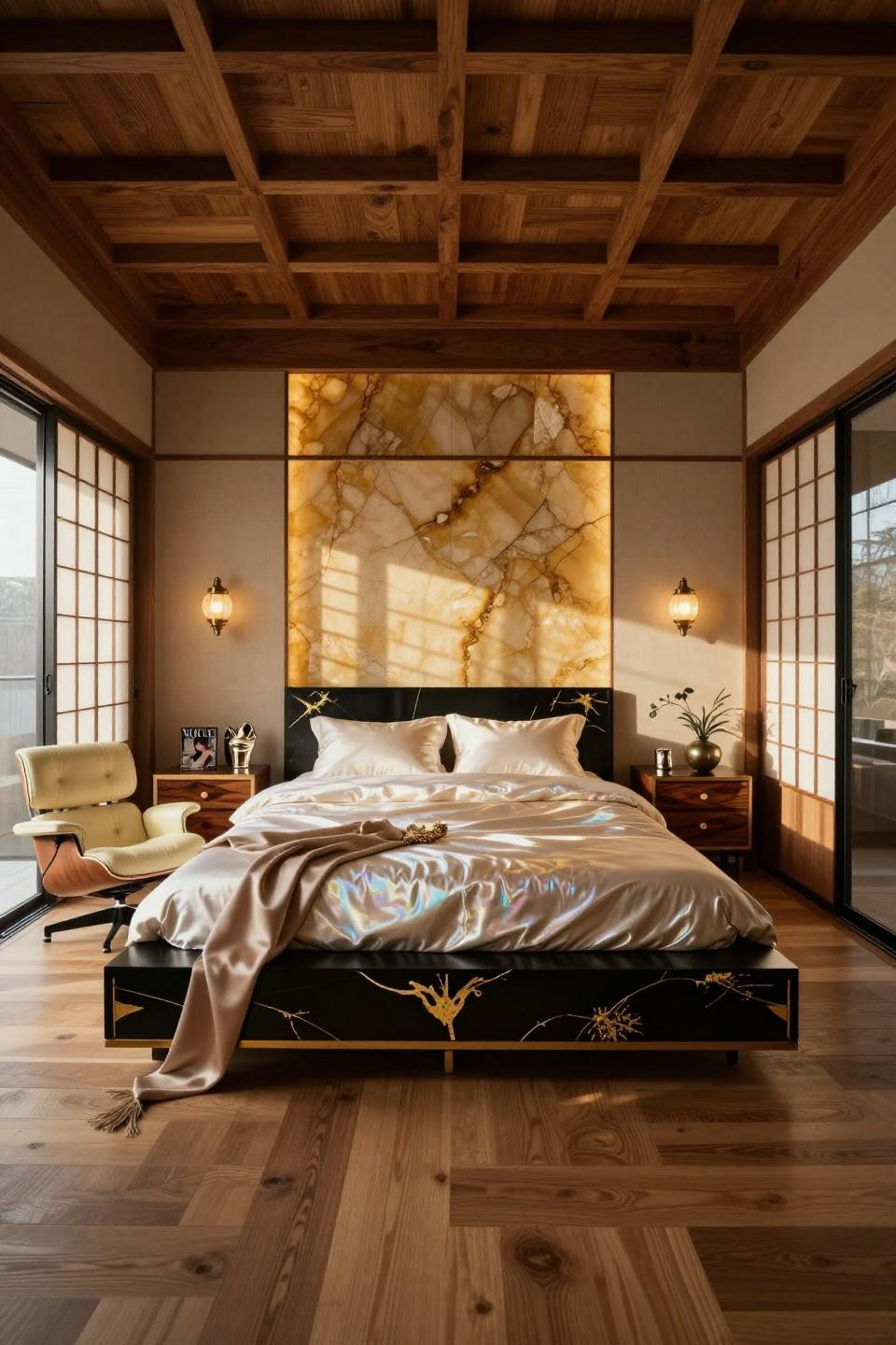 00S bedroom blending Y2K metallic aesthetic with Japanese craftsmanship
