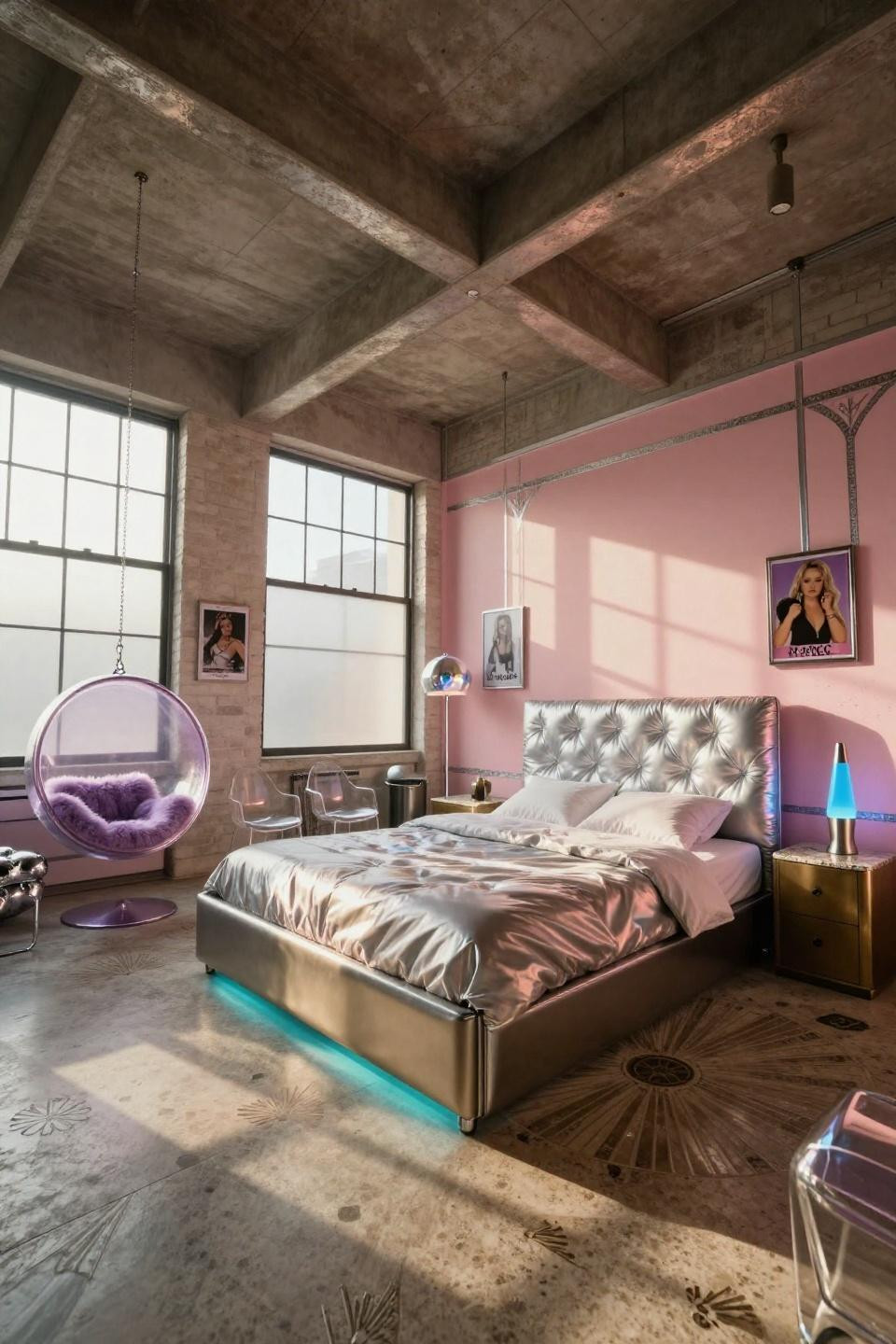 00S bedroom featuring chrome tube frame and iridescent quilted headboard