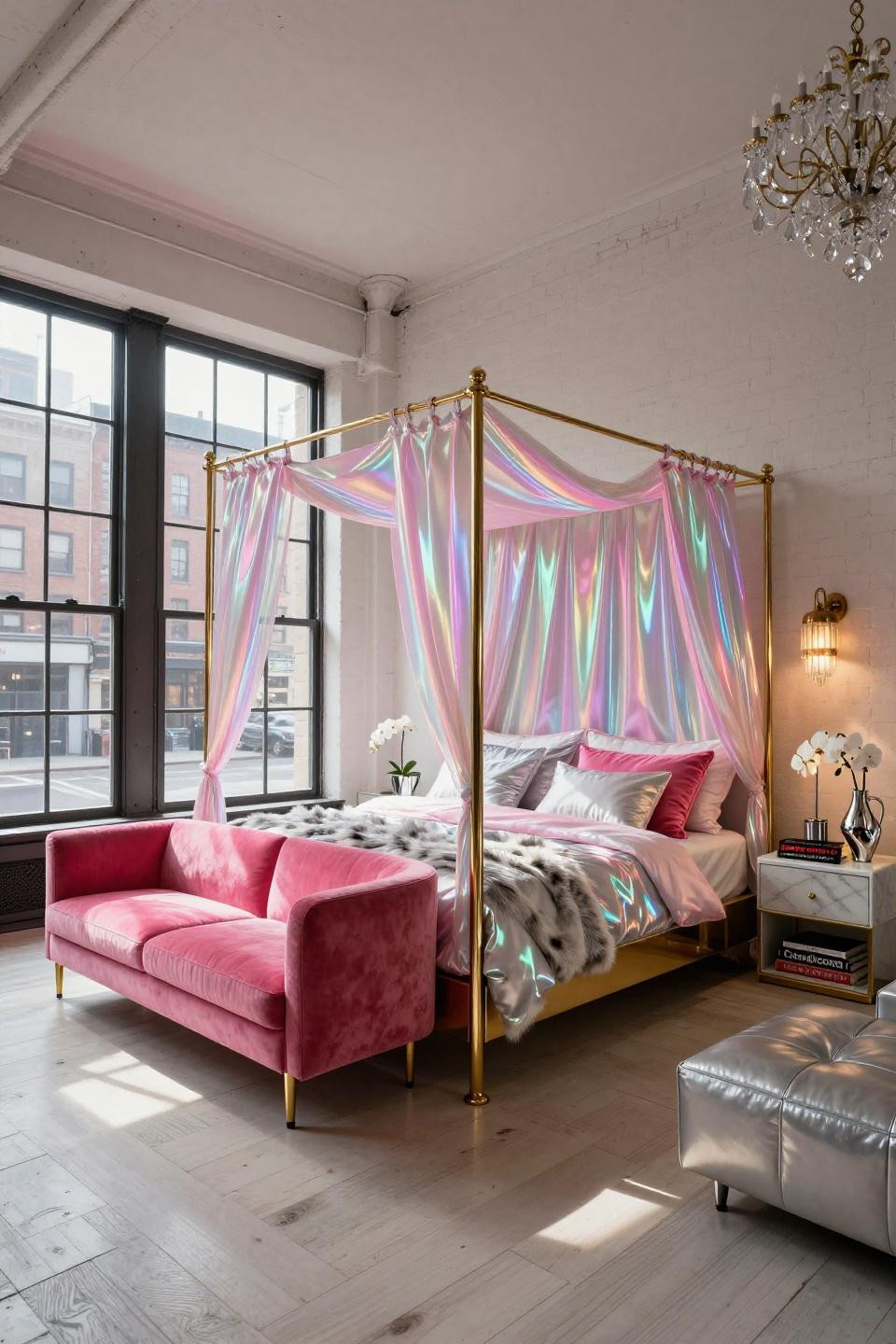 00S bedroom with iridescent silk canopy and Calacatta Gold nightstands