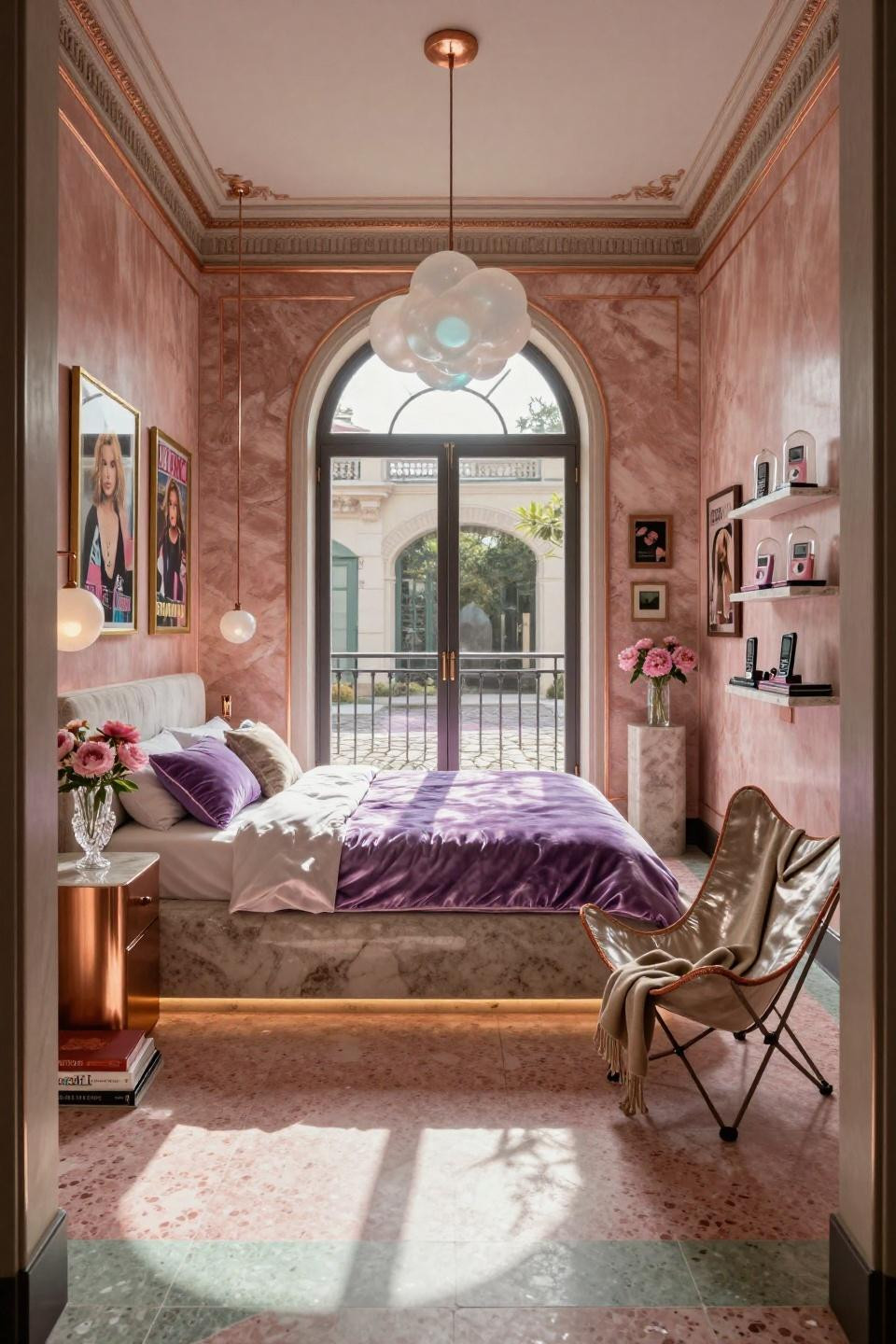 2000S teen bedroom aesthetic with iridescent lilac velvet in Milan palazzo