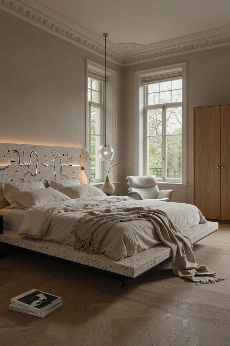 Early 2000S bedroom with terrazzo headboard and chrome inlay in Kensington