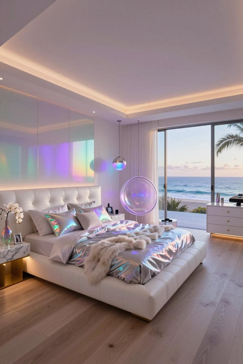 Yk2 room design with holographic pillows and Calacatta marble in Malibu villa