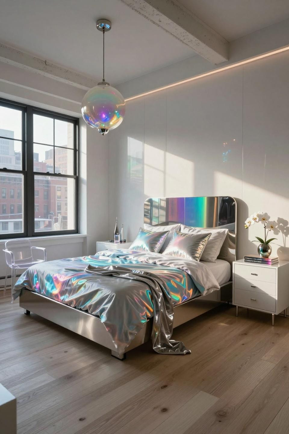 Y2K bedroom aesthetic with holographic panels and brushed steel in Tribeca