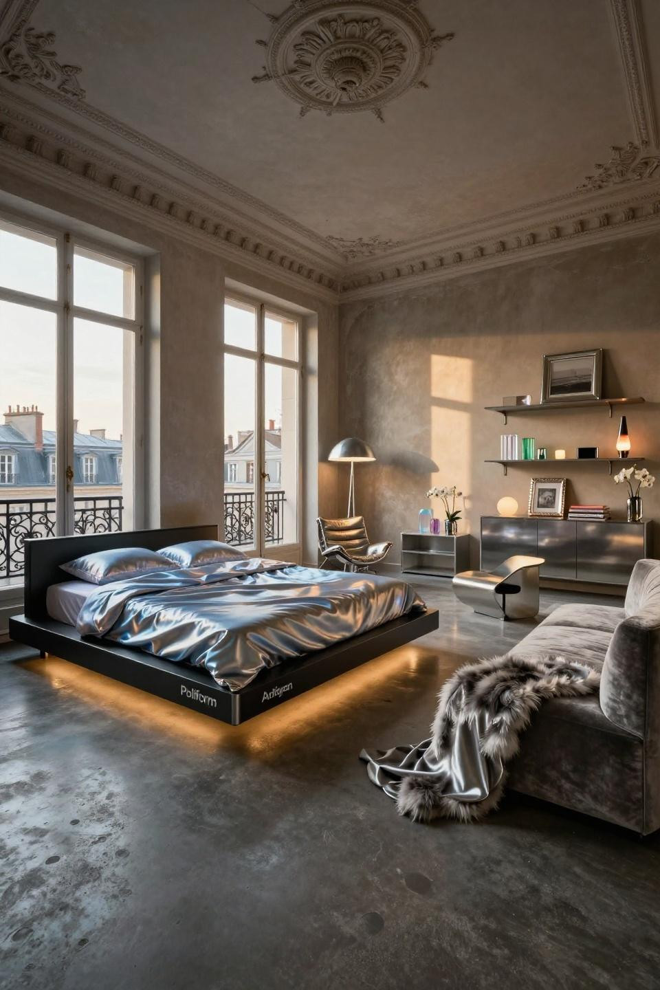 2000S bedroom aesthetic featuring iridescent silk and Poliform platform in Paris
