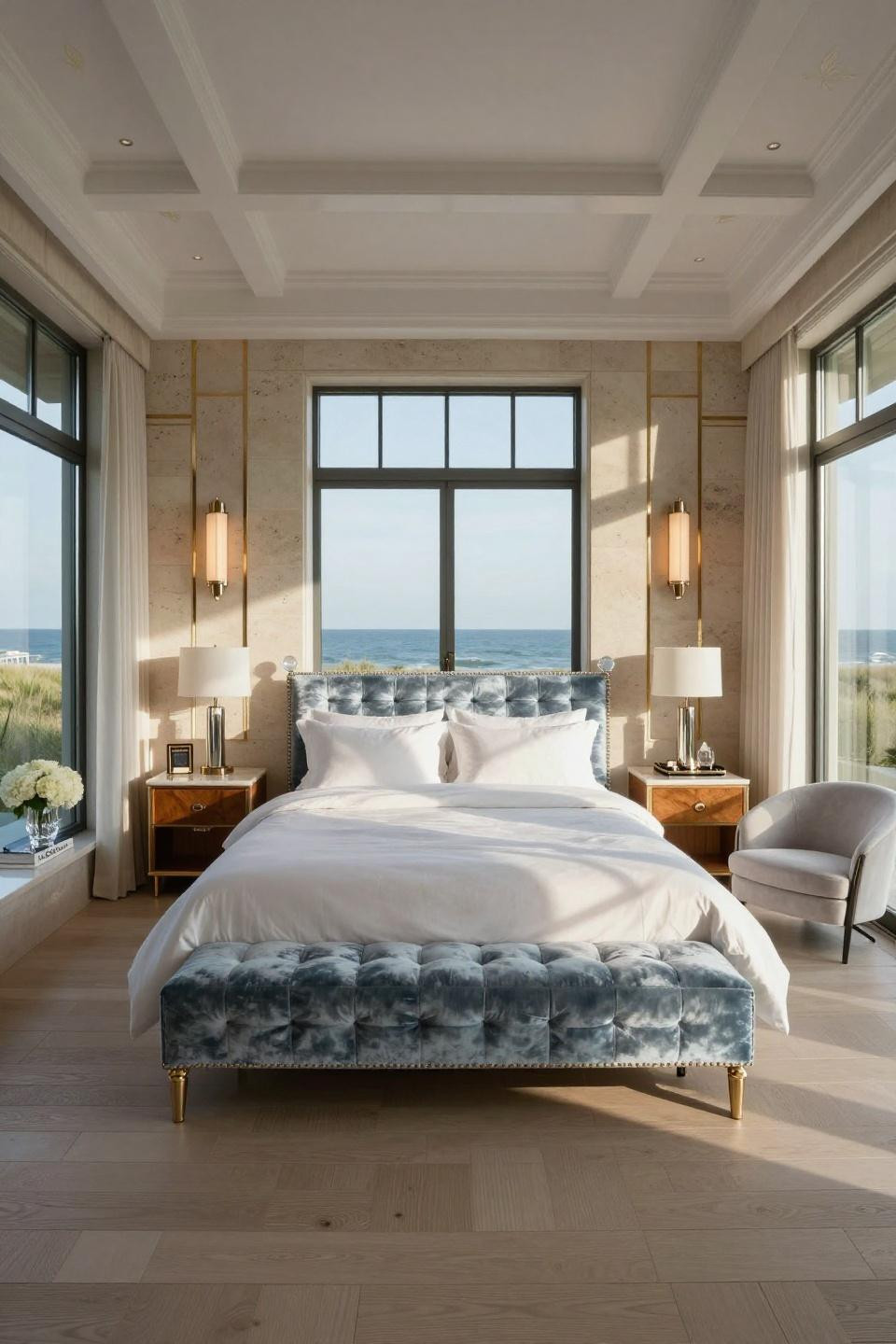 Early 2000S room aesthetic with iridescent velvet in Hamptons beach house