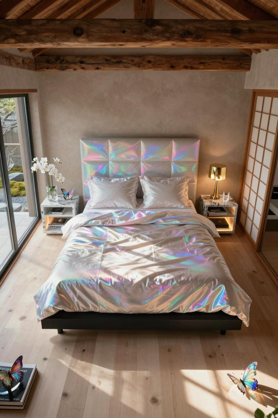 2010S room design with holographic silk and onyx nightstands in Tokyo