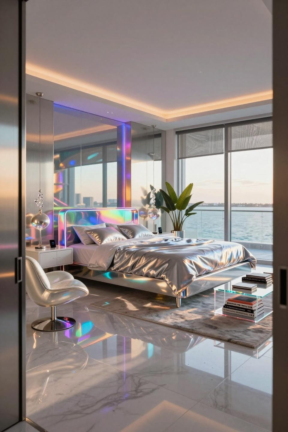 00S room ideas featuring holographic panels and iridescent acrylic in Miami penthouse