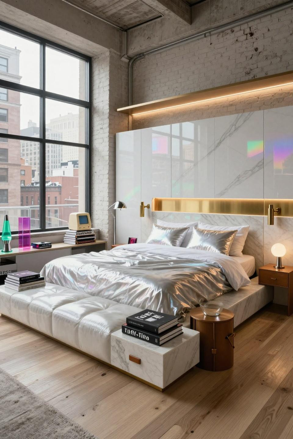 2000S room ideas with Calacatta Gold marble headboard in NYC Tribeca loft