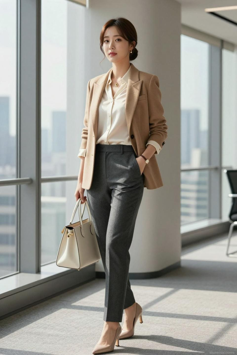 Kdrama office outfit with camel blazer