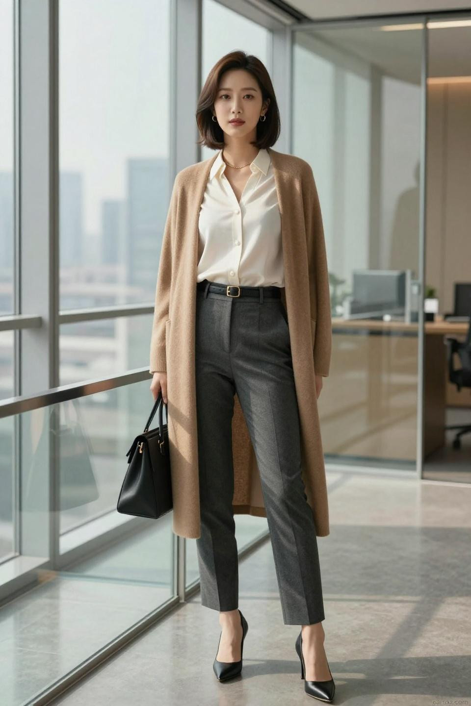Korean office look with longline cardigan