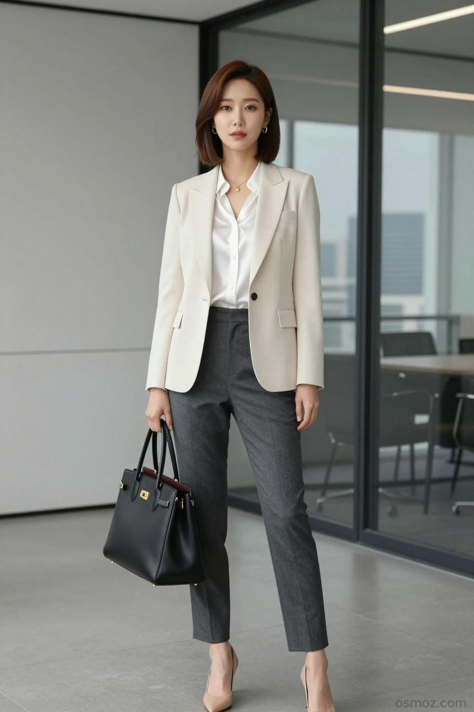 Korean office wear with cream blazer