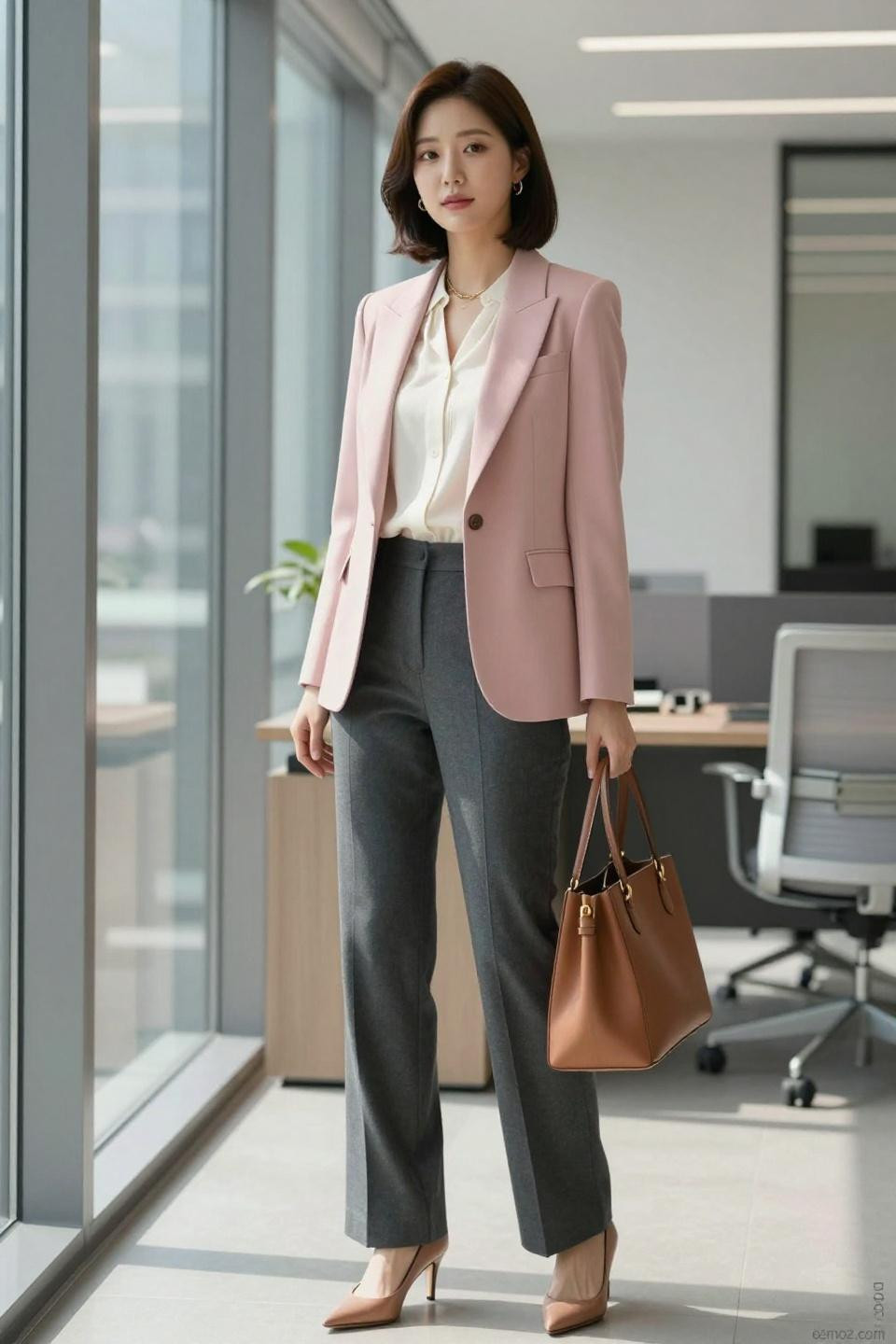 Kdrama office outfit with blush pink blazer