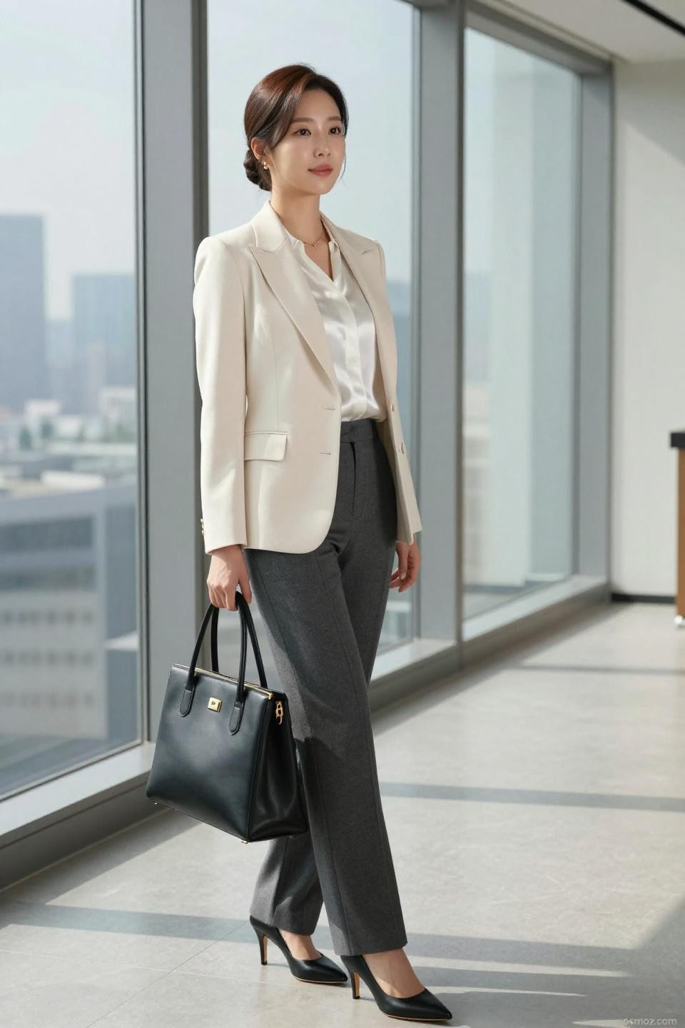 Korean office look with ivory blazer and charcoal trousers