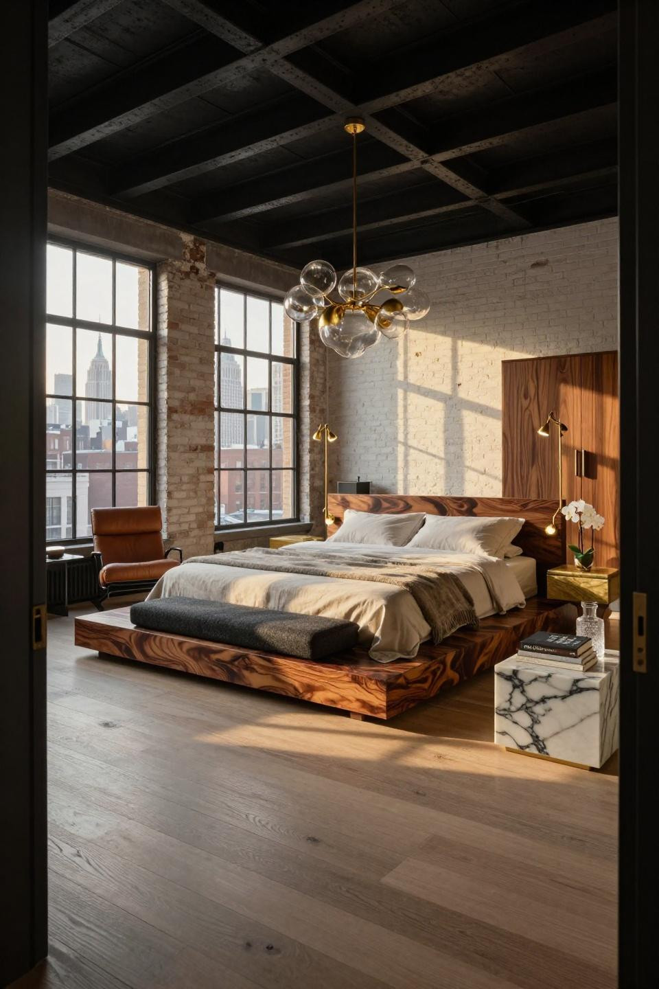 NYC apartment aesthetic bedroom with walnut burl platform and marble surfaces