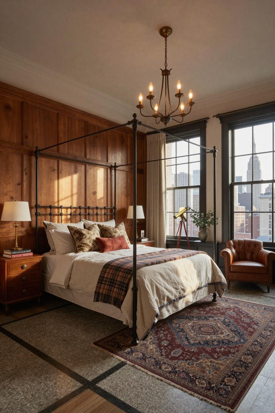 Cozy New York apartment with hand-forged iron bed and reclaimed oak walls