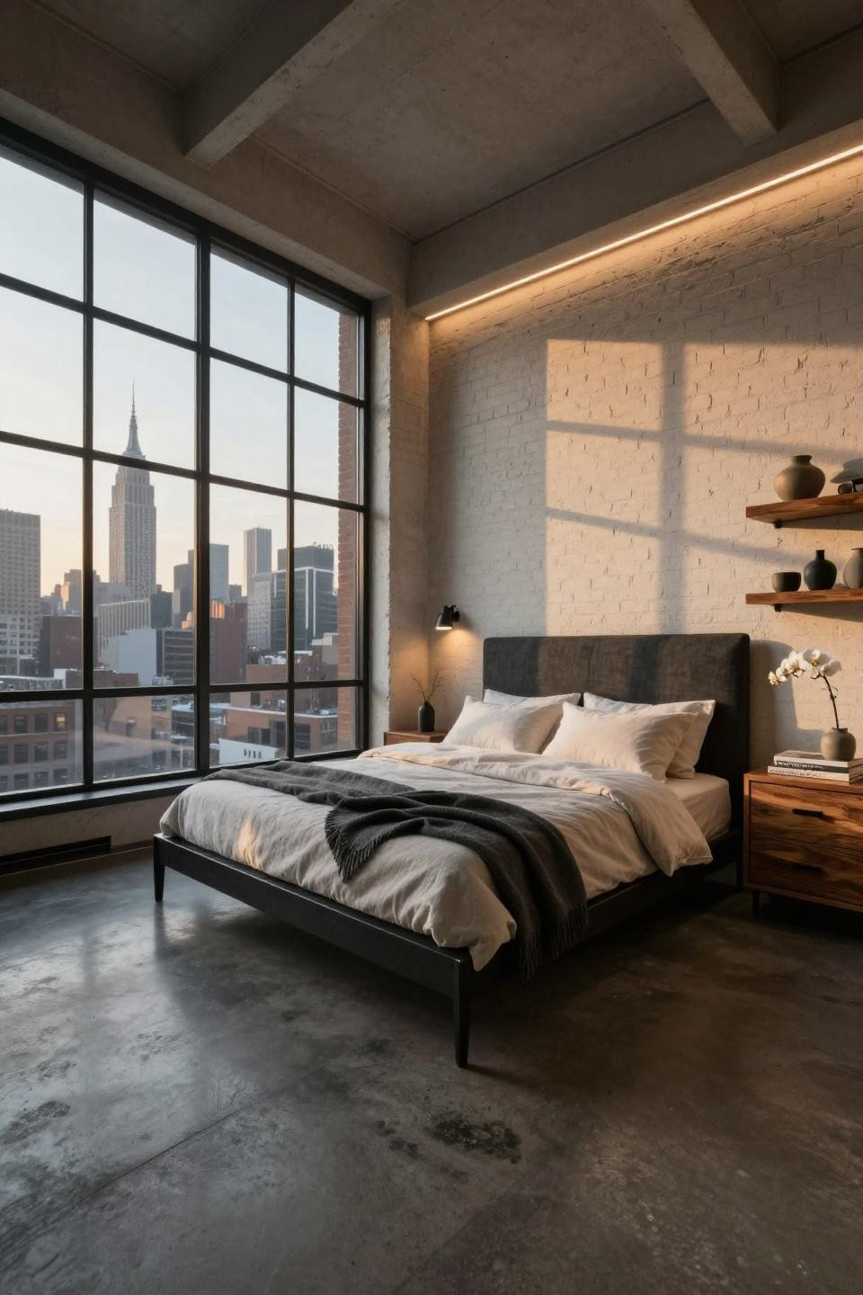 NYC bedroom ideas with minimalist steel bed and charcoal concrete floors