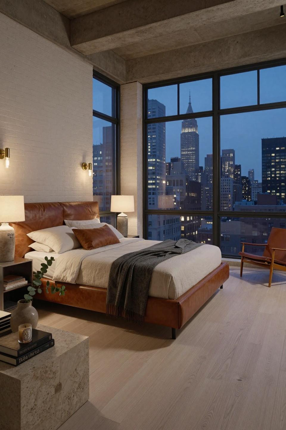 Warm apartment aesthetic with walnut bed and honed limestone nightstands