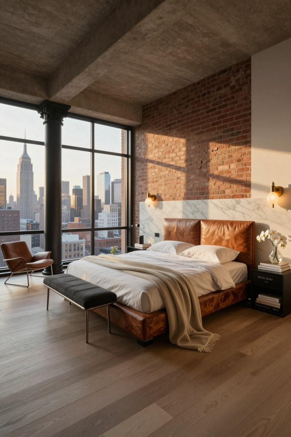 City apartment bedroom with ebony four-poster and 24k gold inlay