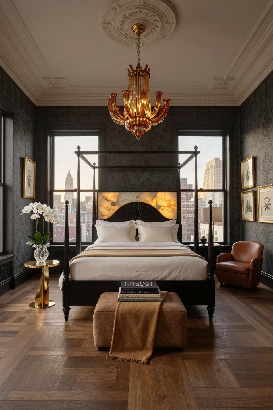 New York room aesthetic with aged bronze bed and Cotswold grey walls