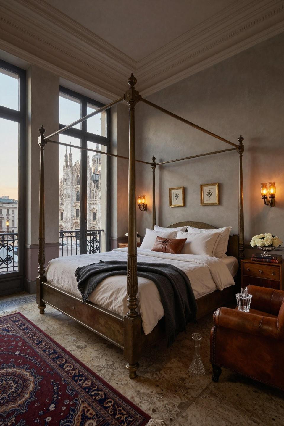 Small NYC bedroom with saddle leather upholstery and steel window grid