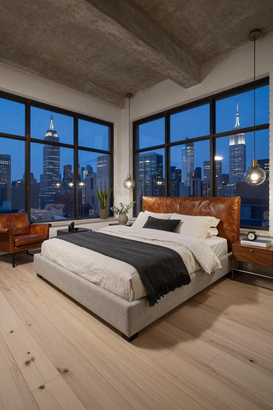 NYC apartment aesthetic bedroom with quartzite wall and copper pendant lighting