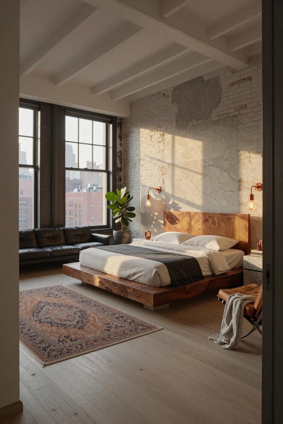 Cozy New York apartment bedroom with deep tufted velvet and chrome details